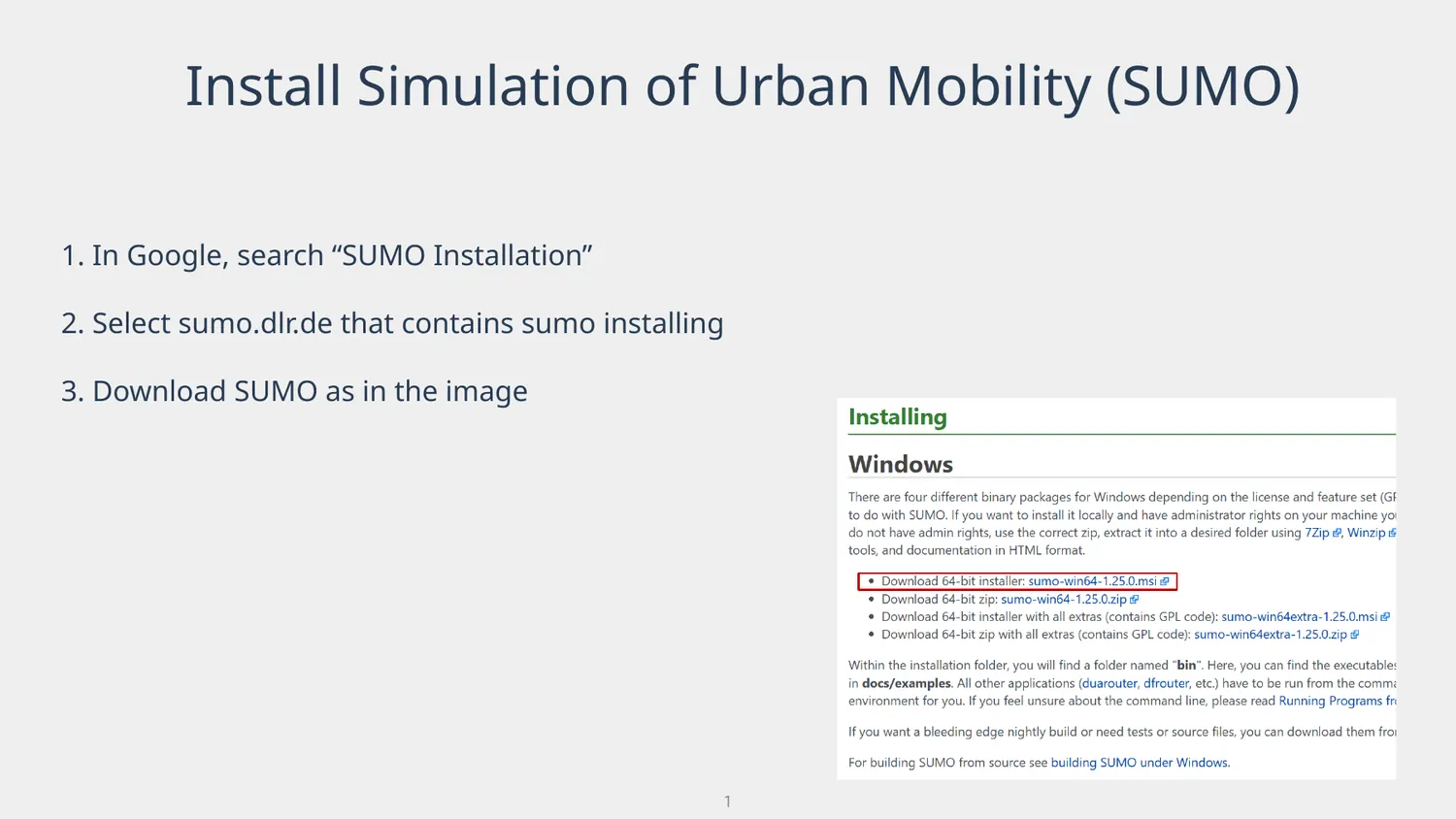 SUMO installation slide showing the official SUMO download page