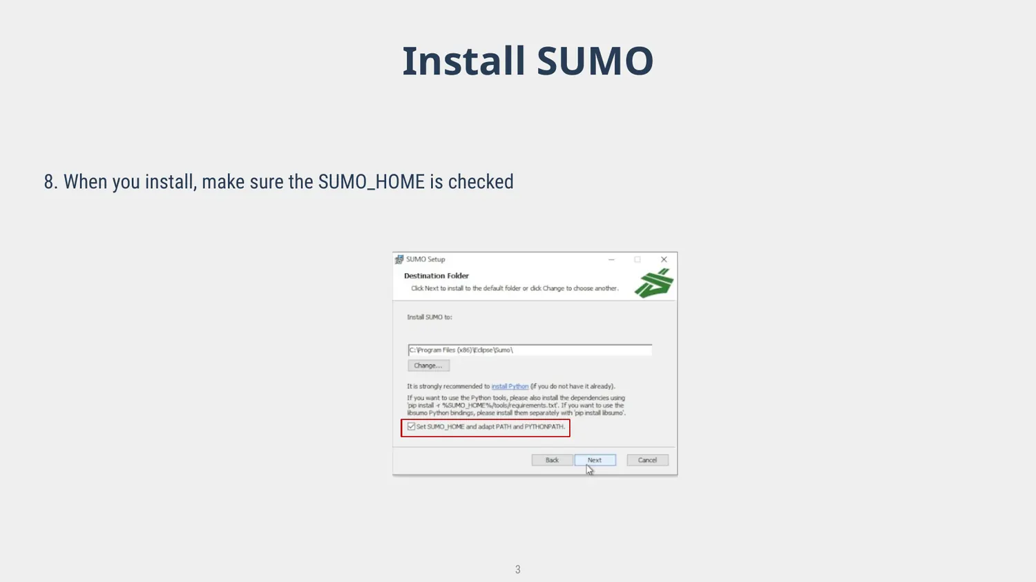 SUMO installer with SUMO_HOME option highlighted