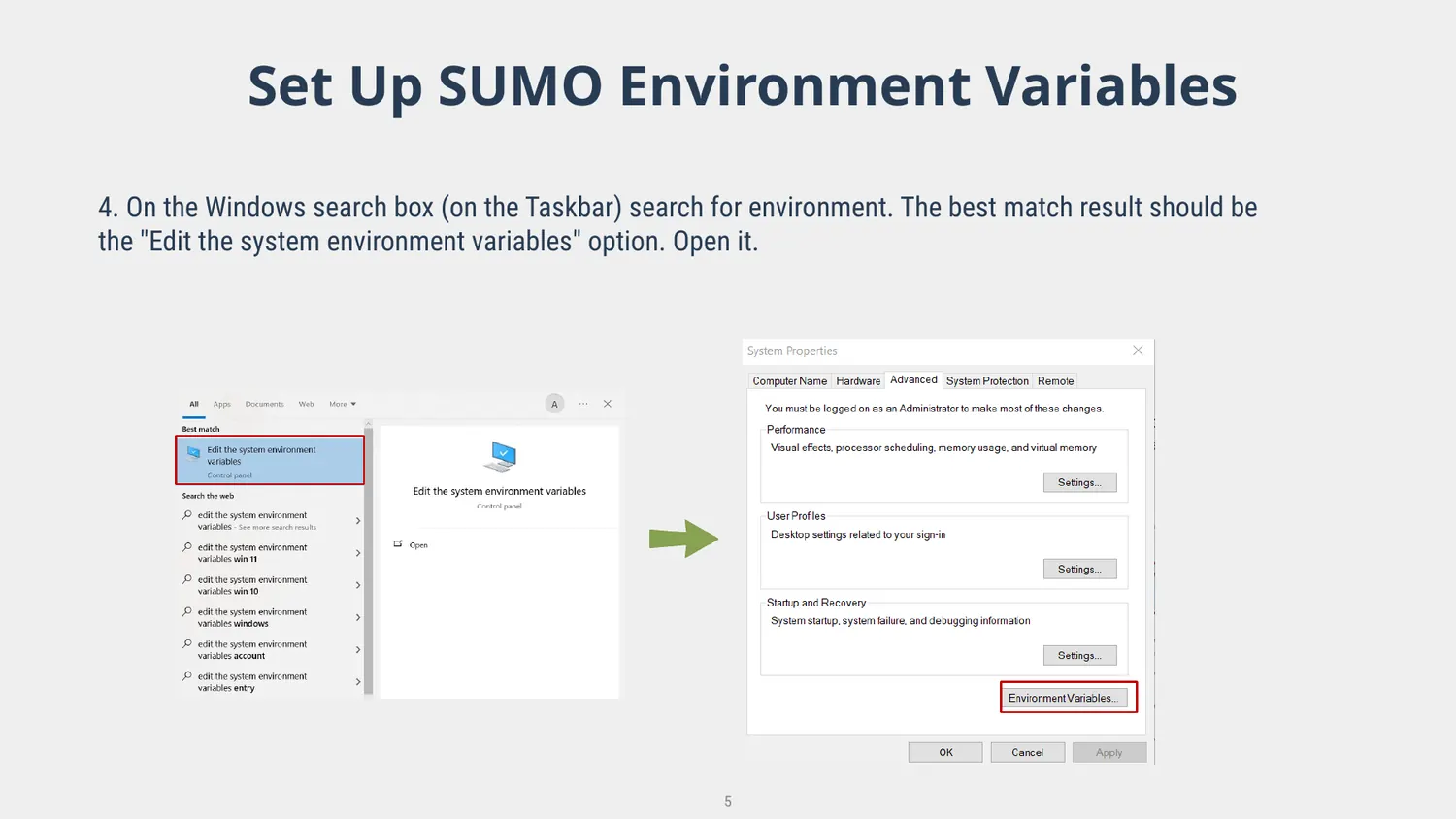 Windows search and system properties steps for environment variables