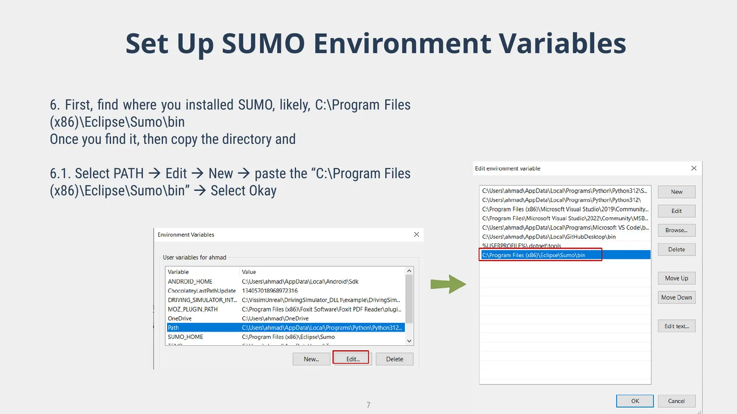 Adding the SUMO bin directory to Windows Path